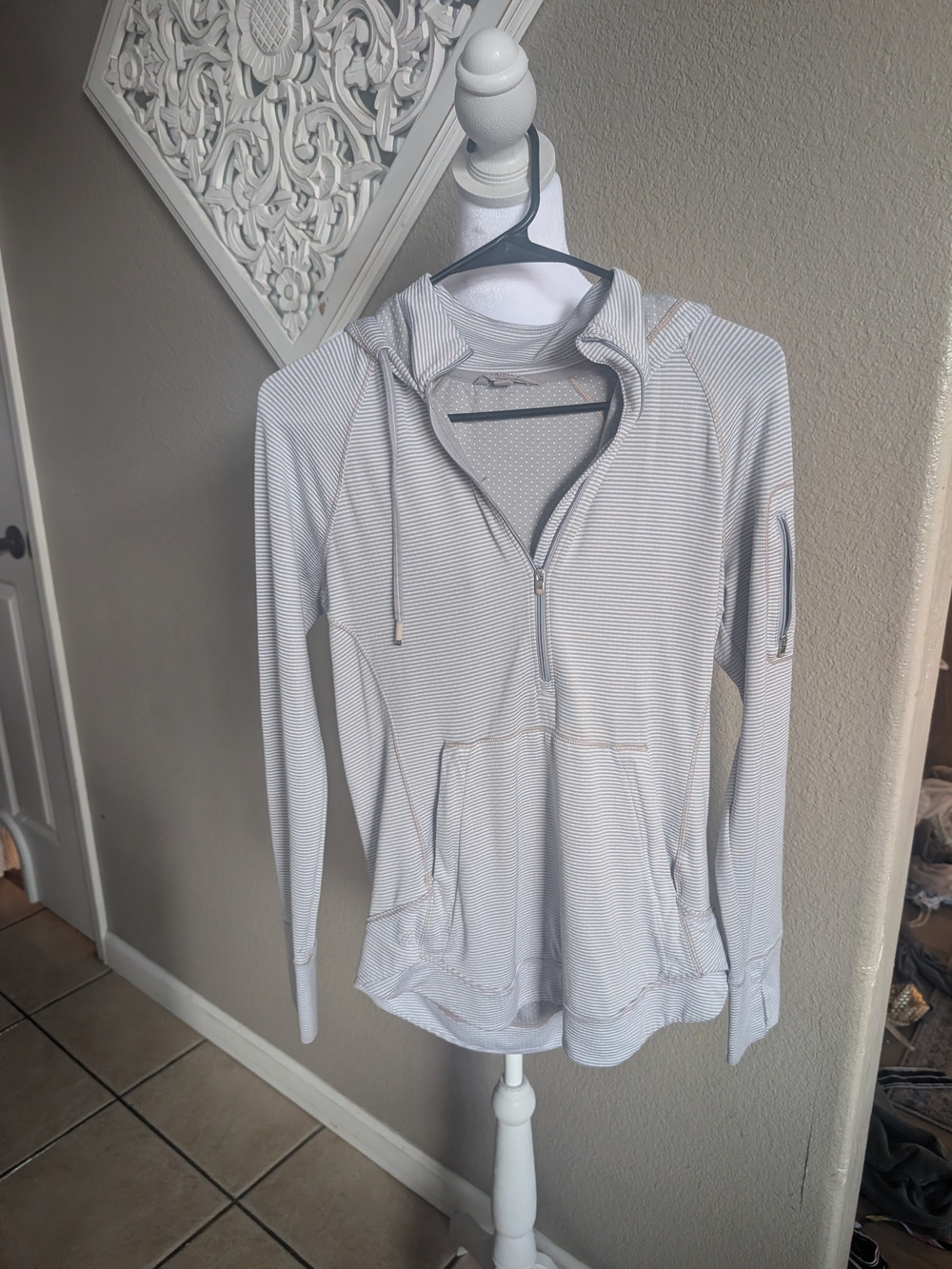 Athleta Light Gray Striped Half-Zip Hoodie